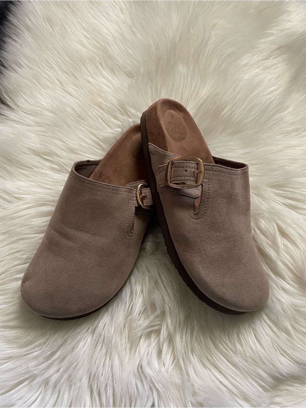 Time and Tru Taupe Suede Slip-On Clog Mules with Buckle